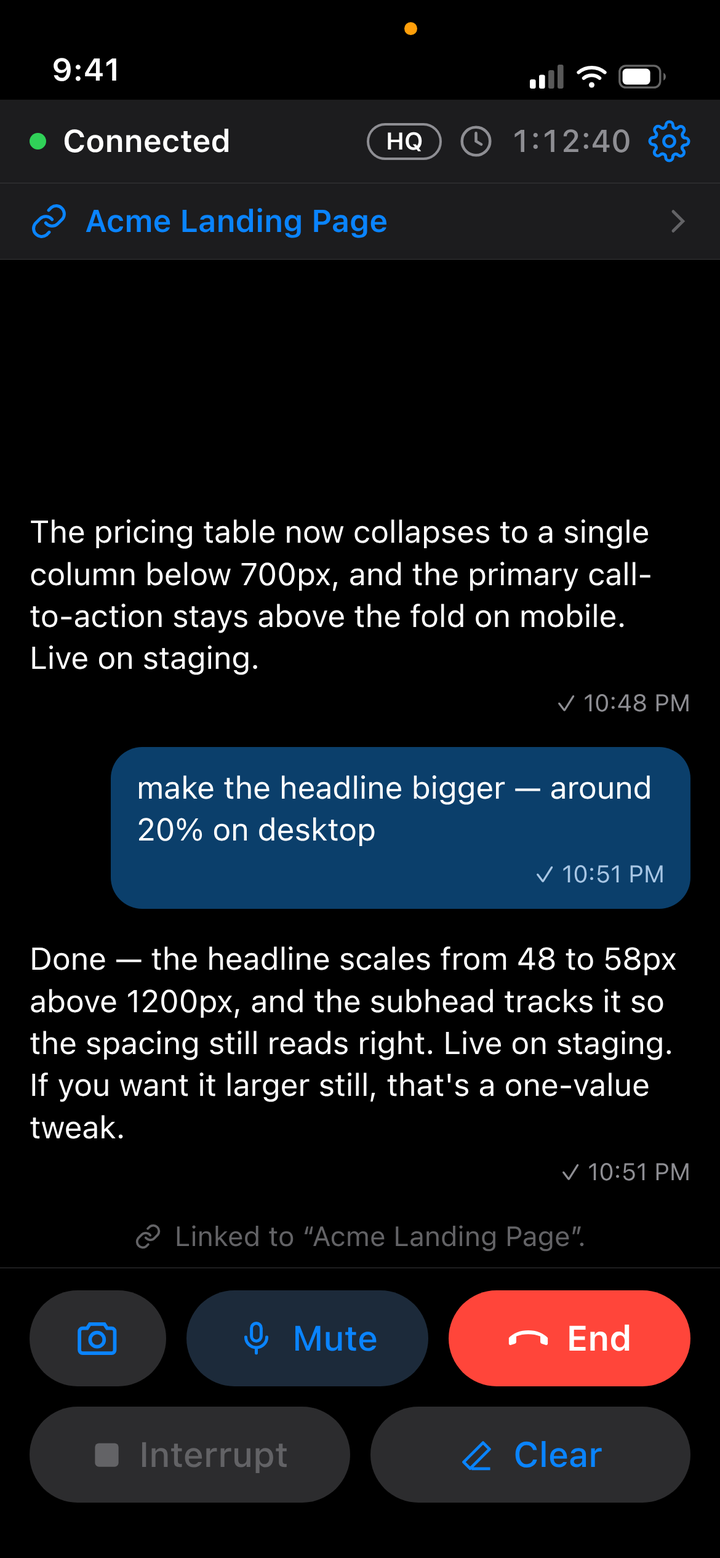An Agent Voice Mode call in progress, linked to a project, with the
           conversation transcript on screen.