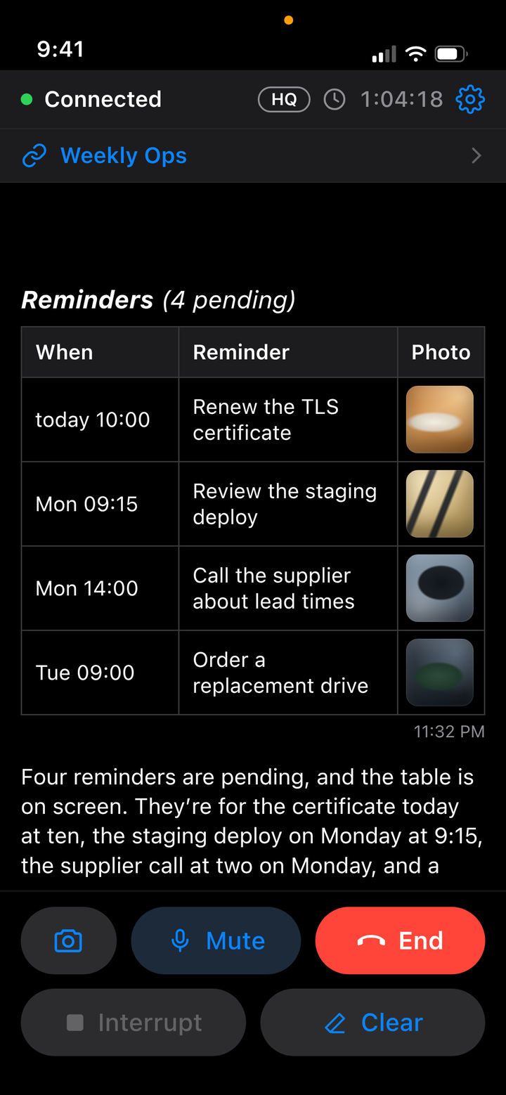 A reminders table rendered on screen during a call, with photo
             thumbnails in each row.